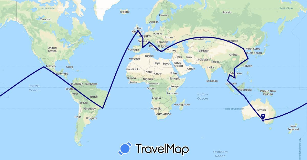 TravelMap itinerary: driving in Australia, Brazil, China, Spain, France, United Kingdom, Greece, Indonesia, Italy, Mexico, Thailand, Vietnam (Asia, Europe, North America, Oceania, South America)